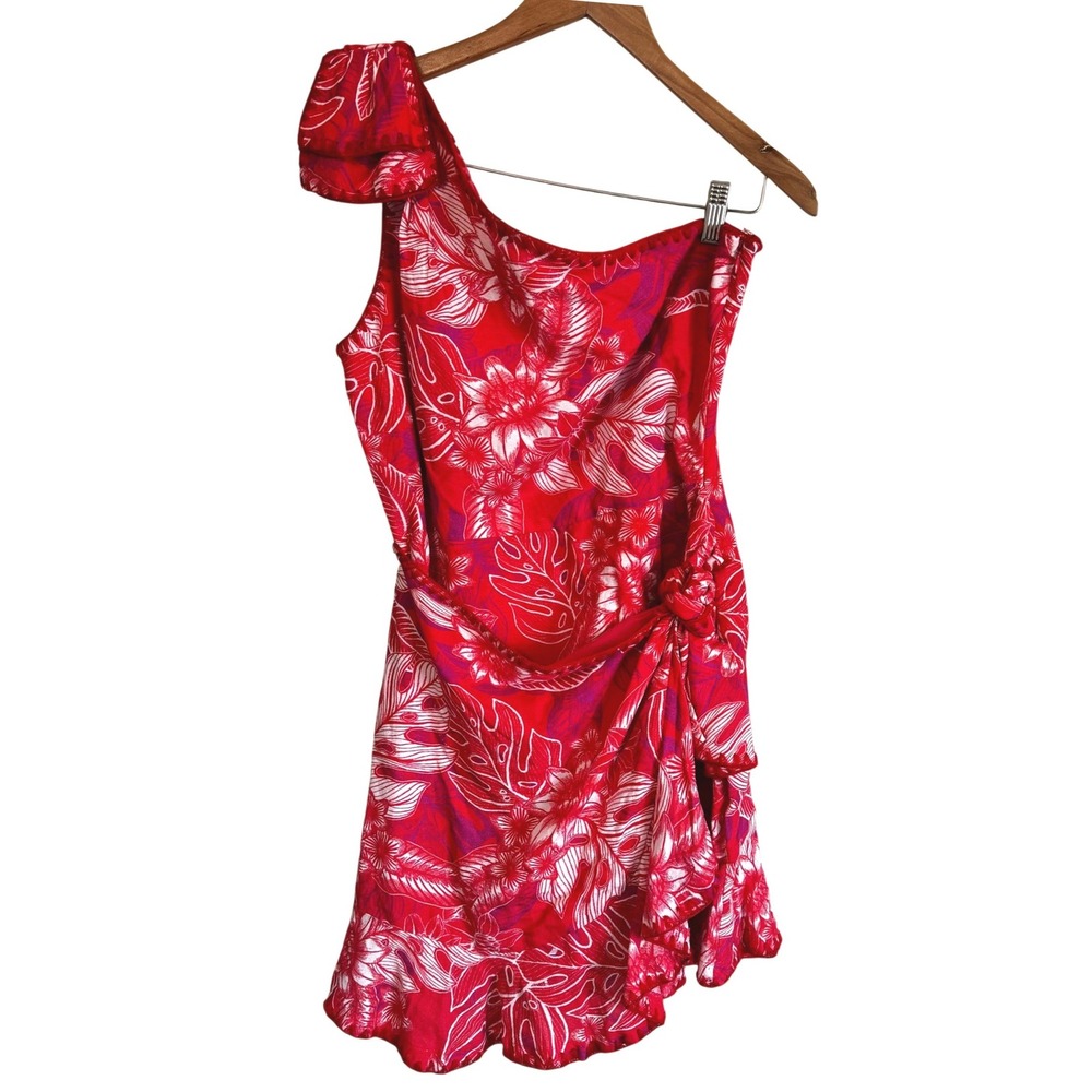 Red Carter One Shoulder Tropical Mini Wrap Dress Red Pink Sz M Linen Blend Beach